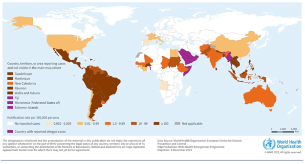 Fig. 1 Paesi/territori/aree che segnalano casi autoctoni di dengue (novembre 2022-novembre 2023)* 